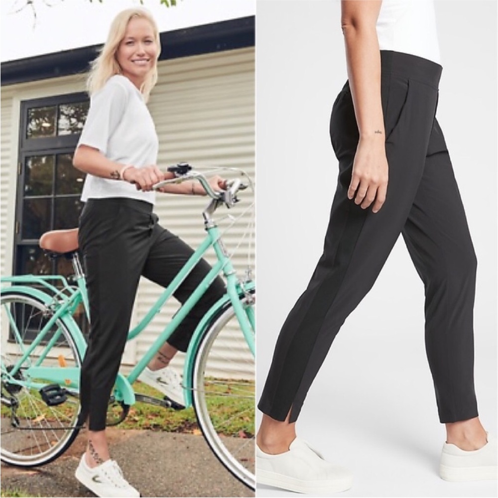 Athleta Brooklyn Ankle Black Ribbed Stretch Pants black hem slits 12 pockets